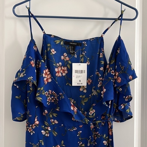 FOREVER 21 Blue Floral Cold Shoulder Wrap Dress NWT - Picture 2 of 7
